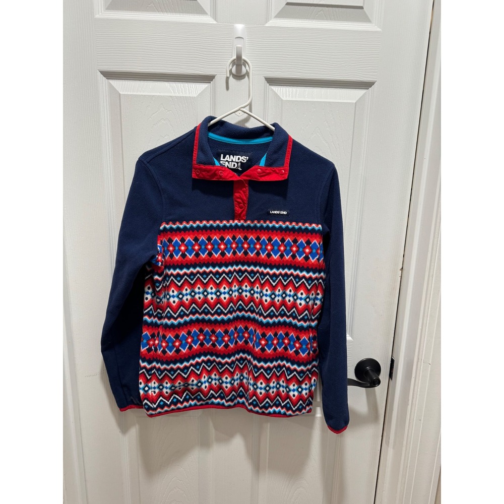 Lands' End Women's Fleece Snap Pullover Fair Isle Print‎ Navy Red Size Small